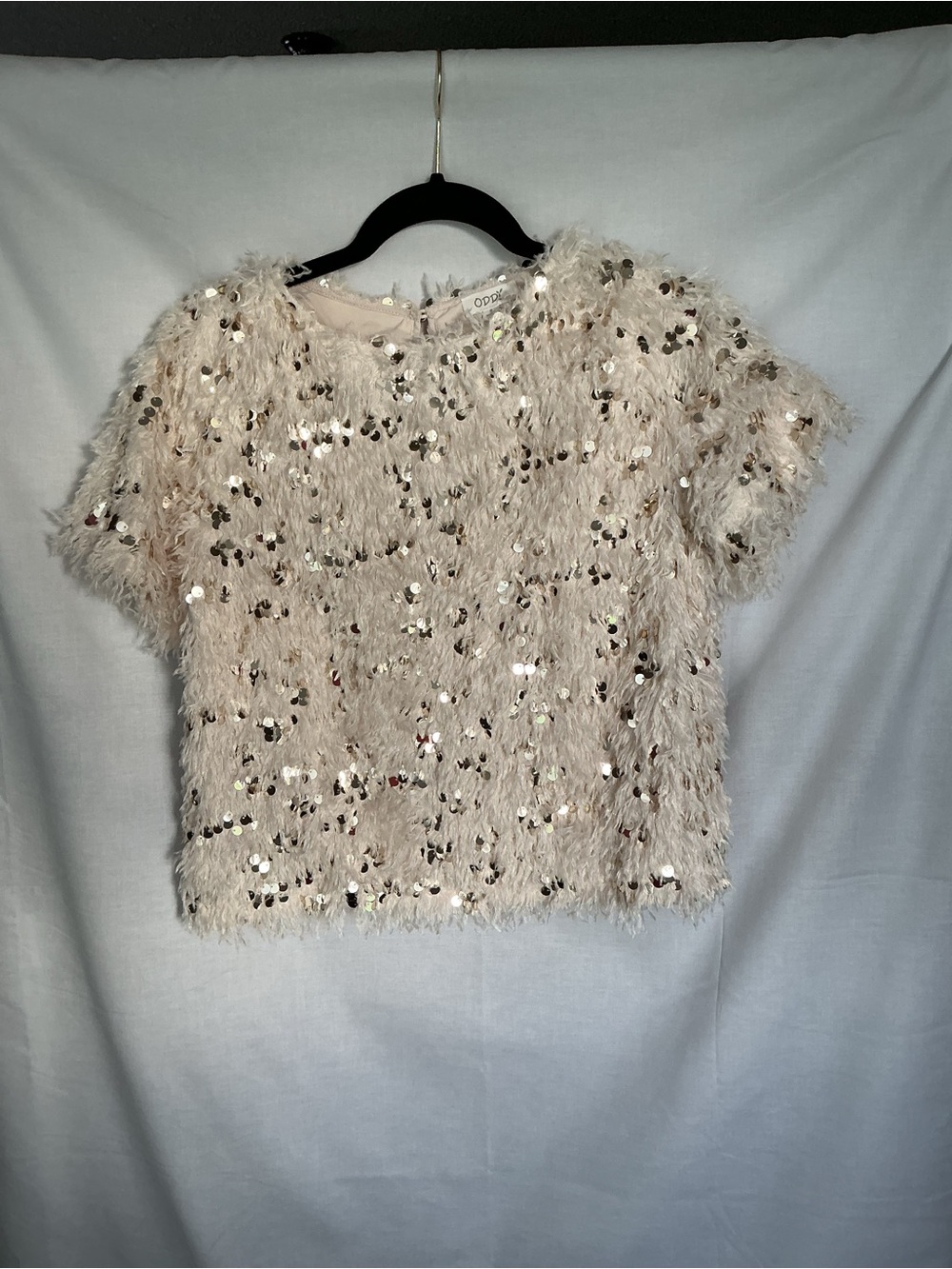 ODDY Cream Sequin Faux-Fur Crop Top